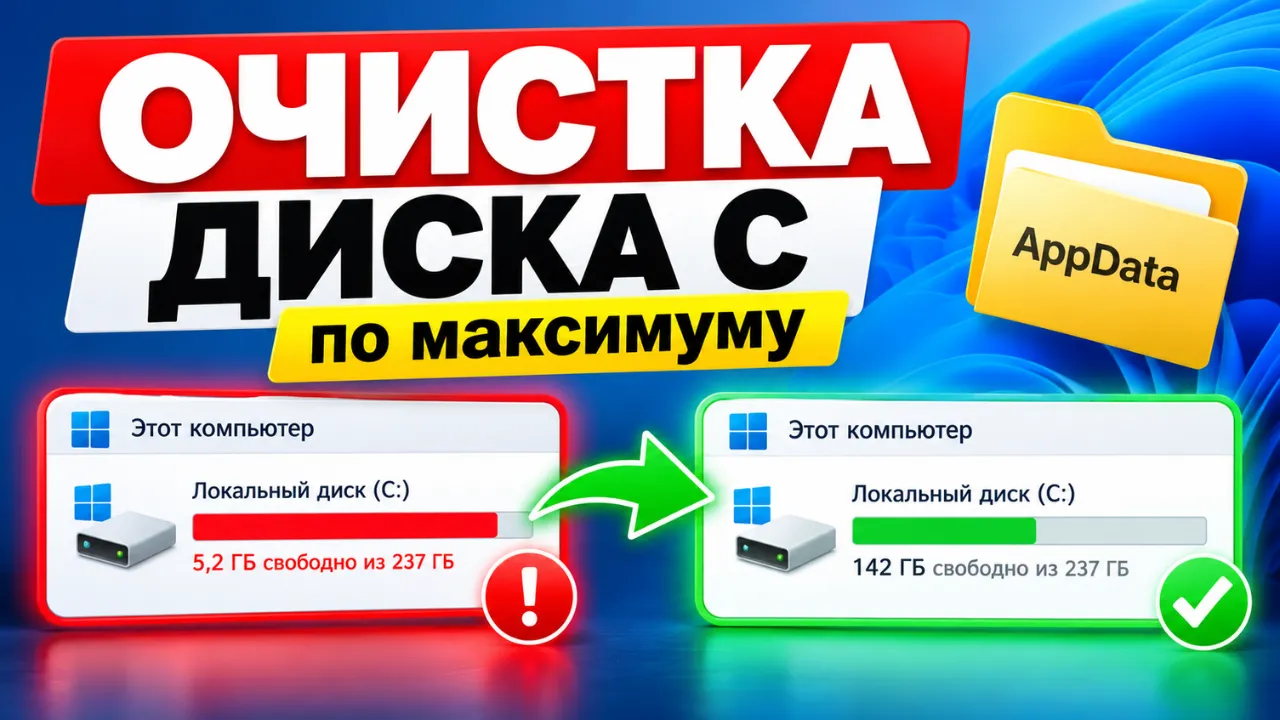 Как освободить место на диске C: очистка AppData в Windows 11 и 10